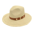 Detail of straw fedora hat featuring a brown leather belt and gold metal buckle - M (56-58cm) / Beige
