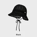 Women's black hollow crochet bucket hat with wavy texture and stylish chin straps - Adjustable (54-58cm) / Black