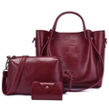 Three-piece set of wine red leather handbags including tote, crossbody, and wallet - Burgundy