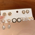 Set di 6 paia di orecchini vintage con perle e fiori su scheda di presentazione - Perno in Argento-Bianco-Nero (Set da 10 Pezzi)