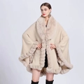 Women's oversized beige knit cardigan cape with luxurious faux rabbit fur trim details - Beige