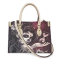 Day of the Dead skull print tote bag with purple graphics and cream straps - Purple Hourglass Rose Girl - Off-White Strap