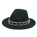 Detail of dark green fedora with wide flat brim and elegant pearl embellished black band - Dark Green Fedora with Pearl Chain