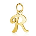 Polished golden stainless steel letter R pendant with connector ring on white background - Letter R