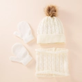 Kids cream white cable knit winter set including pompom hat, scarf, and warm mittens - White 3-Piece Set