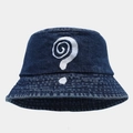Close-up of premium dark blue denim bucket hat with white question mark embroidery detail - Adjustable / Dark Blue