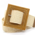 Women's beige elastic woven belt with large square brown resin buckle for dresses - Beige with Square Buckle