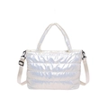 Quilted silver padded puffer tote bag with metallic finish and adjustable shoulder strap - White