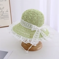 Mint green straw sun hat for girls with white lace trim and a large bow decoration - 52-56CM / Light Green