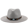 Chapeau Panama classique en paille grise avec bande en cuir turquoise pour l'été - M (56-58cm) / Gris
