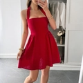 Elegant red halter neck mini dress with waist cinch and A-line silhouette for summer - S / Red