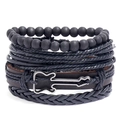 Multi-layer woven leather bracelet set with black beads and silver guitar pendant - Four-Piece Set