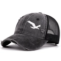 Retro charcoal grey distressed trucker hat with white bird embroidery and mesh back - Adjustable / Black