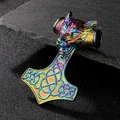 Rainbow plated Viking Thor's hammer pendant with wolf head and Celtic patterns - 83*54mm Wolf Head Mjolnir (KP98146-JX)