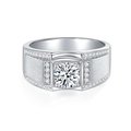Men's S925 silver ring with 2ct round moissanite and brushed texture band finish - Size 26 / 1 Carat Moissanite Men's Ring (Zirconia Side Stone)
