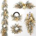 Christmas gold and silver wreath with silk ribbons and frosted pine cones on white background - Gold Series 5-Piece Set