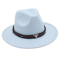 Detail of light blue wool fedora with brown leather strap and silver bull skull ornament - Sky Blue