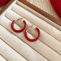 Detailed view of glossy red hoop earrings with gold accents in a beige velvet jewelry box - 8# Red Hoop Earrings with Metal Hooks
