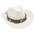 Close-up of white Western cowboy straw hat featuring an ethnic beaded and fringed band - White