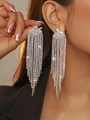 Sparkling silver rhinestone tassel drop earrings in high-shine finish for women - Silver Extra Long Dense Tassel