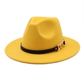 Detail of yellow wool fedora hat featuring black leather band and gold chain buckle - Yellow