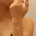 Detail of gold finger bracelet with Virgin Mary medal and hanging crucifix pendant - Double Layer Virgin Mary Cross Ring-Linked Bracelet / Gold Style (dz-364)