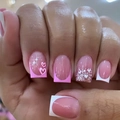 Pink and white square press-on nails with 3D heart charms, French tips, and glitter accents - Pink White Gradient French Heart Style(JP3750)