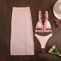 Pink 3-piece bikini set with floral straps and matching sheer mesh long skirt - S / 3 Piece Set (Includes Cover Up) / Peach