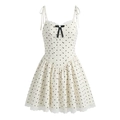 Vestido de lunares con tirantes finos, lazo negro y ribete de encaje en blanco - S / Lunares Blancos