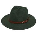 Classic dark green Panama hat with a flat brim and brown leather belt buckle accent - Dark Green