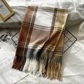 Brown beige and white plaid faux cashmere scarf with fringe on a black metal rack - Coffee White Camel