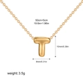 Detailed size chart for golden T-shaped bubble letter pendant with dimensions and weight - Letter T