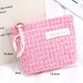 Rose red tweed small cosmetic pouch with pearl zipper pull and quilted texture - Elegant Tweed Style / Rose Red