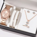Rose gold women's watch set with crystal bracelet, necklace, ring, and earrings in box - Rose Gold Set 6 (Orange Box)