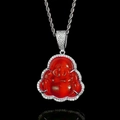 Hiphop necklace with red cat-eye stone Buddha pendant and zircon inlay in silver finish - White Gold Red Stone / 18 Inch 3mm Rope Chain