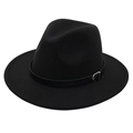 Close-up of black fedora felt hat with a leather decorative band and silver buckle - M (56-58cm) / Black (Black Leather Band)