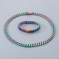 Conjunto de collar y pulsera de acero inoxidable arcoíris con cadena cubana de 12mm - Juego Multicolor