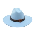 Light blue felt jazz hat with flat brim and vintage leopard head bronze buckle band - One Size / Light Blue