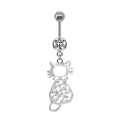 Détail du piercing de nombril en argent avec zircon et pendentif chat avec perles - Chat Perle Argenté