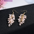 Detail of pink crystal stone tassel earrings with gold hooks on a textured background - Gold Hook Style / Pink Stones