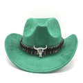 Macro detail of emerald green suede cowboy hat with ethnic band and silver bull skull - M (56-59cm) / Grass Green Suede