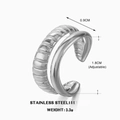 Silver double-layer stainless steel open ring with textured band and 0.9cm width - Steel Double Layer Ribbed Style / Steel