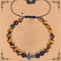 Tiger eye and matte black beaded bracelet with cross pendant and Father's Day gift card - Yellow Tiger Eye + Matte Black + Cross