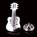 Polished silver guitar brooch pin with butterfly clutch back on a black background - Silver Black Cello