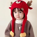 Winter baby knit reindeer hat with earflaps and plush lining in vibrant red color - 48-53cm (1-6 Years) / Red
