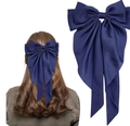 Detailed close-up of navy blue satin oversized bow hair clip with elegant long streamers - Navy Blue Long Ribbon Bow Clip