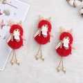 Three handmade Christmas felt elk ornaments with red plush balls and wooden bead legs - 36 Reindeer Girl Red