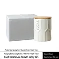Minimalist white ceramic sugar storage jar with bamboo lid and embossed text detail - 9310-Sugar Jar with Wooden Lid