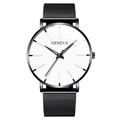 Fashion quartz watch with black mesh strap and minimalist white dial for men - White Dial Black Case Black Mesh Band