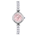 Détail d'une montre de luxe avec cadran en nacre rose et bracelet perles et cristaux - Rose